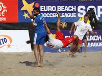 Sopot , Poland 27th June 2014 Euro Beach Soccer League tournament in Sopot.
Game between Poland and Greece.
Konrad Kubiak (11) in action aga...