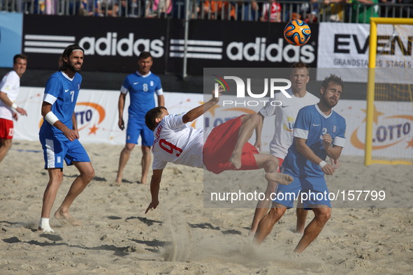 Sopot , Poland 27th June 2014 Euro Beach Soccer League tournament in Sopot.
Game between Poland and Greece.
Pawel Friszkemut (9) in action d...