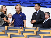 BARCELONA-SPAIN July -1. the player wife and Josep Maria Bartomeu in the the presentation of the new FC Barcelona player, Ivan Rakitic, ??on...