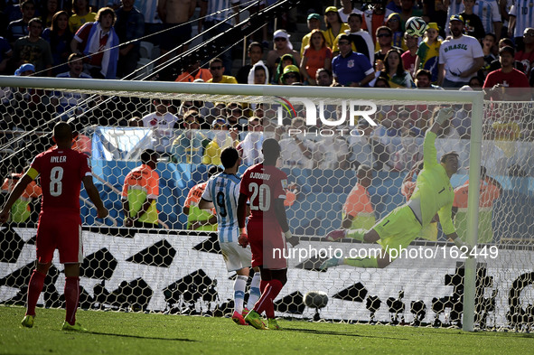 Swiss Diego Benaglio (1) saves Angel di Maria (7) kick at the extra Time of the match #55, for the Round of 16 of the 2014 World Cup, betwee...