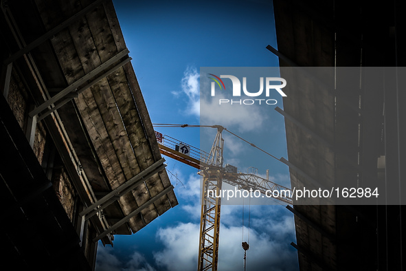 A view of a crane in the red zone of L'Aquila, on July 2, 2014. The historic center of L'Aquila was severly damaged after the quake of April...