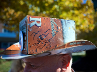 Mayor Dan Daub of Tower City PA, a Trump supporter is seen wearing a hat made from a Yuengling Lager box at a rally of the Republican presid...