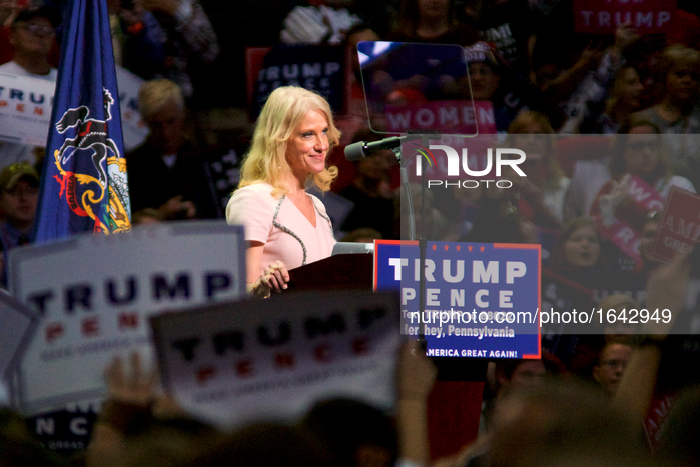 Campaign manager for Republican presidential candidate Kellyanne Conway takes the stage ahead of the candidate at a rally in the push for Pe...