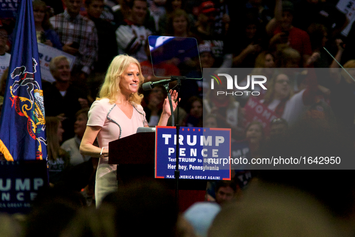 Campaign manager for Republican presidential candidate Kellyanne Conway takes the stage ahead of the candidate at a rally in the push for Pe...