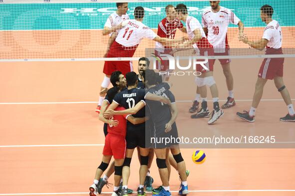 Gdansk, Poland 4th, July 2014 Poland faces Iran in the FIVB Volleyball World League game in Gdansk at ERGO Arena sports hall.
Iranian team r...