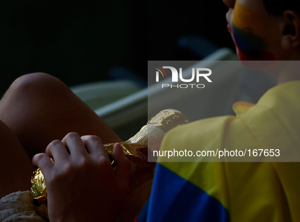 (140704) -- FORTALEZA, July 4, 2014 () -- A Colombia's fan holds a replica of FIFA World Cup Trophy before a quarter-finals match between Br...