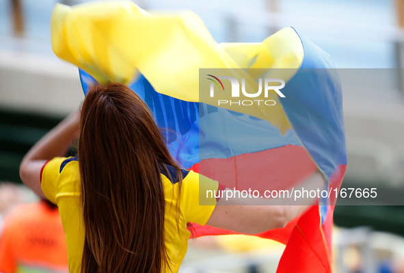 (140704) -- FORTALEZA, July 4, 2014 () -- A Colombia's fan waves a Colombia's national flag before a quarter-finals match between Brazil and...