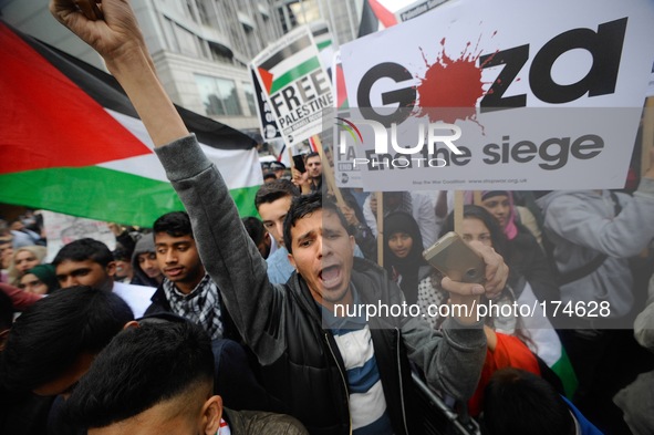 Thousands of UK supporters gathered outside the Israeli Embassy in London against the on-gong air strikes in Gaza by Israeli military forces...