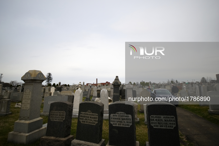 Detectives are posted at Han Nebo Jewish cemetery, in Philadelphia, PA, on Feb. 27, 2017.
The Jewish cemetery is located less then 2miles aw...