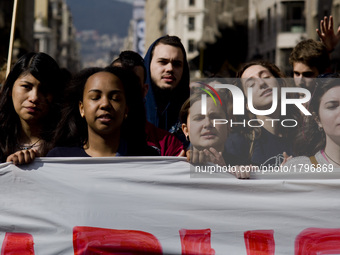 Students marchs during a protest in Barcelona  demanding  a reduction of 30% in university fees on second March, 2017.  (
