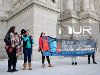 Local community organizations Juntos and Mijente  host a small rally outside City Hall, followed by a march past Arch Street United Methodis...