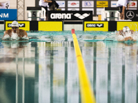 Giulio Zorzi and Francesco Di Lecce during the 50m breaststroke during the Turin Swimming Cup (