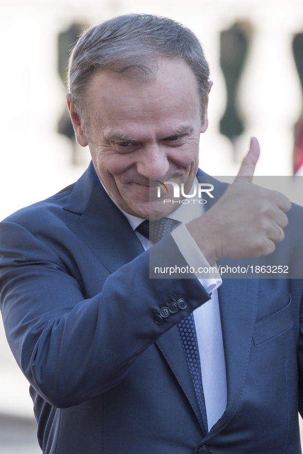 European Council President Donald Tusk gestures as he arrives for an EU summit at the Palazzo dei Conservatori in Rome on Saturday, March 25...