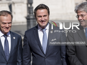 From left European Council President Donald Tusk, Luxembourg's Prime Minister Xavier Bettel and Italian Prime Minister Paolo Gentiloni durin...