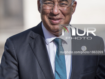 Portuguese Prime Minister Antonio Costa is greeted by Italian Prime Minister Paolo Gentiloni during arrivals for an EU summit at the Palazzo...