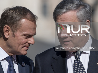 President of European Parliament Antonio Tajani, right, speaks with European Council President Donald Tusk during arrivals for an EU summit...