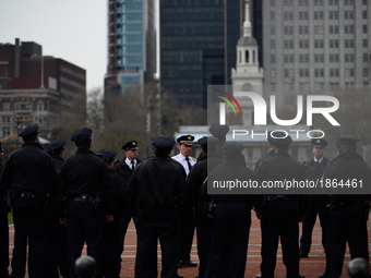Police officers with the Philadelphia Police Dept. receive a roll call ahead a pro-Trump rally at Independence Mall, in Philadelphia, PA, on...