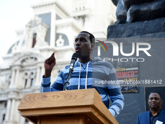 Asa Khalif, Black Lives Matter Activist, speaks at a April 4, 2017 Rally for Racial Justice in Center City Philadelphia, PA, to commemorate...