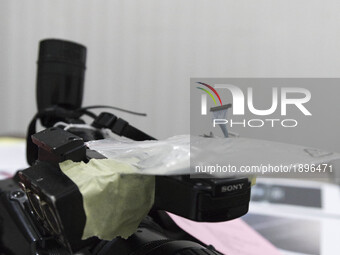 Evidence of a camera from an Indonesian Journalist displayed at South Jakarta Police HQ in Jakarta, Indonesia on 13 April 2017. Violence to...