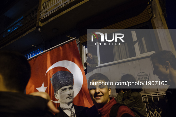 Protesters march through the Besiktas neighborhood of Istanbul on April 19, 2017. People marched in opposition to perceived voting irregular...