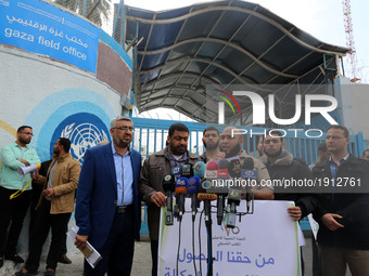 Palestinians protest before the UNRWA headquarters in Gaza to demand the UNRWA to take its responsibilities and provide the Palestinian refu...