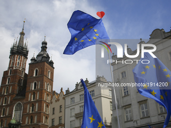 People attend European Manifest demonstration in Krakow, Poland on 23 April, 2017. The pro-EU and anti-government rally was organized by KOD...