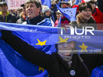 People attend European Manifest demonstration in Krakow, Poland on 23 April, 2017. The pro-EU and anti-government rally was organized by KOD...