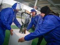 The UEFA Under-21 trophy is pictured during a UEFA during a tour bus promoting the upcoming under 21 UEFA football championship in Bydgoszcz...