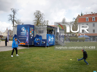 A tour bus promoting the upcoming under 21 UEFA football championship is seen in Bydgoszcz, Poland on 23 April, 2017. (