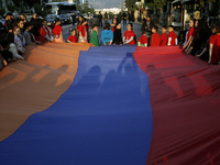 Armenian children carry the Armenian flag, marching to the Turkish embassy in central Athens, on Monday April 24, 2017. Hundreds of Armenian...