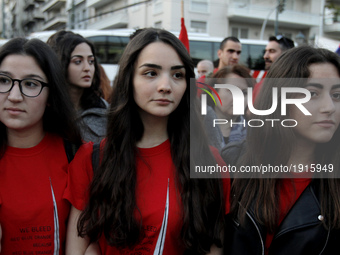 Young Armenian women demonstrate close the Turkish embassy in central Athens, on Monday April 24, 2017. Hundreds of Armenians who live in Gr...