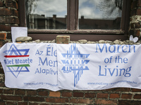 A banner of the 'March of the Living' at the former Nazi-German Auschwitz Birkenau concentration and extermination camp at Oswiecim, Poland...