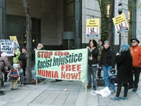 Supporters of Mumia Abu-Jamal rally outside the west entrance to the Criminal Justice Center in Philadelphia, PA on April 24, 2017. Mumia wa...
