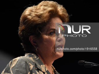 Former President of Brazil, Dilma Rousseff is seen speaking in her Conference 'The Future of Democracy in Latin America' during the Colloqui...
