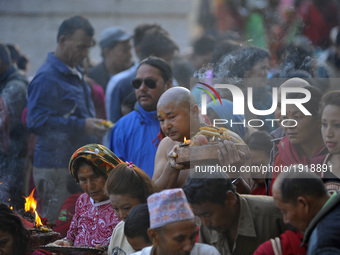 Nepalese Devotees offering rituals during the Mother's Day celebration at Matatritha temple in Kathmandu, Nepal on Wednesday, April 26, 2017...