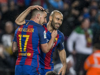 Paco Alcacer of FC Barcelona celebrating his goal with Javier Mascherano during the Spanish championship Liga football match between FC Barc...