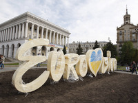 The Eurovision Song Contest 2017 logo is seen on Independence Square in Kiev, Ukraine, 26 April, 2017. The Eurovision Song Contest (ESC) 201...