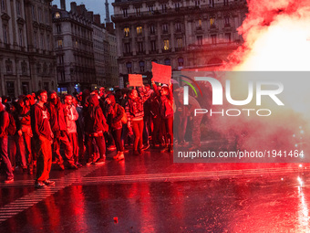 Protesters rally in Lyon on May 7, 2017 to protest against capitalism following the announcement of the results of the second round of the F...