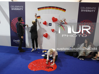 Team members decorate room of Levina from Germany in the delegations area, prior rehearsal for the Grand Final of the Eurovision Song Contes...
