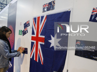 Isaiah from Australia decorates his room in the delegations area, prior rehearsal for the Grand Final of the Eurovision Song Contest, in Kie...