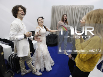 Naviband from Belarus preparing to perform, prior rehearsal for the Grand Final of the Eurovision Song Contest, in Kiev, Ukraine, 13 May 201...