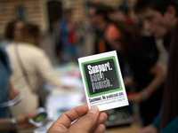 A sticker during the Global Marijuana March. In toulouse,  supporters of legalization for medical and recreationnal use, run a stand on the...