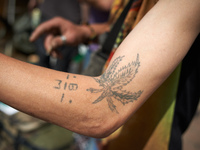 Ahemp's tatoo during the Global Marijuana March. For the Global Marijuana March, supporters of legalization for medical and recreationnal us...