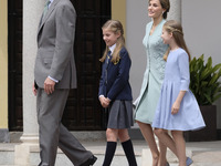 King Felipe VI of Spain, Queen Letizia of Spain,  Princess Sofia of Spain and Princess Leonor of Spain,  pose for the photographers before t...