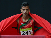 Mohamed Tindouft of Morocco celebrates his win in Men's 3000m Steeplechase final, during an athletic event at Baku 2017 - 4th Islamic Solida...