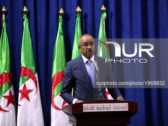 Noureddine Bedoui, Minister of the Interior delivers a speech during the graduation ceremony for 40 students of the National School of Admin...