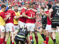 Munster players celebrate Simon Zebo try during the Guinness PRO12 Semi-Final match between Munster Rugby and Ospreys at Thomond Park Stadiu...