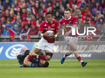 Francis Saili of Munster tackled by Nicky Smith of Ospreys during the Guinness PRO12 Semi-Final match between Munster Rugby and Ospreys at T...