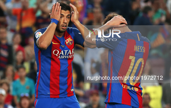 Leo Messi and Luis Suarez during La Liga match between F.C. Barcelona v S.D. Eibar, in Barcelona, on May 21, 2017.  