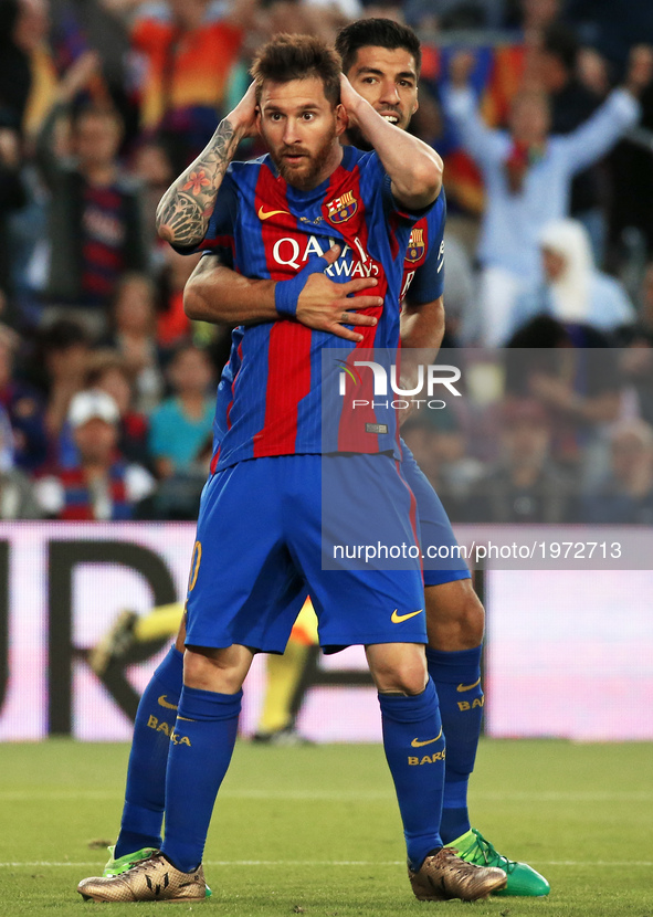 Luis Suarez and Leo Messi during La Liga match between F.C. Barcelona v S.D. Eibar, in Barcelona, on May 21, 2017.  